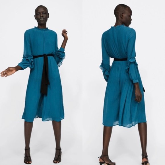 Zara Pants - Zara Pleated Wide-Leg Ruffle Jumpsuit Teal Medium